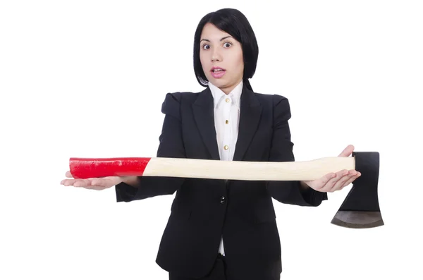 Wütende Geschäftsfrau mit Axt auf Weiß — Stockfoto