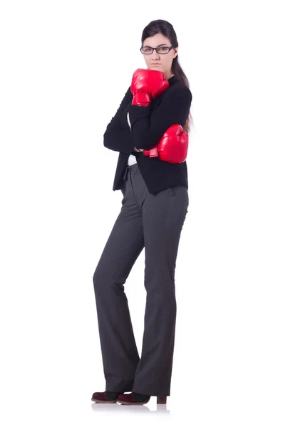 Businesswoman in boxing concept on white — Stock Photo, Image