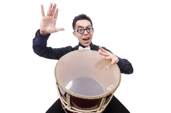 Смішний чоловік з барабаном на білому — стокове фото