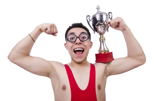 Luchador divertido con la taza de ganadores — Foto de Stock
