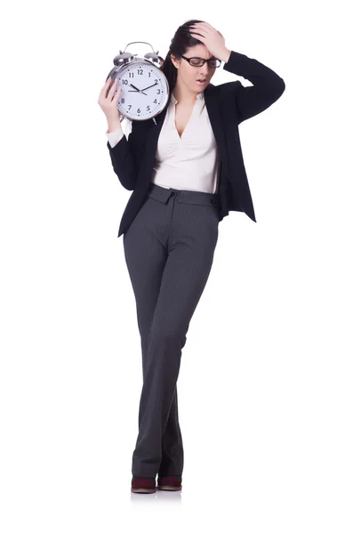 Woman with clock isolated on white — Stock Photo, Image