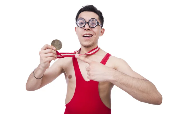 Grappige worstelaar met winnaars medaille — Stockfoto