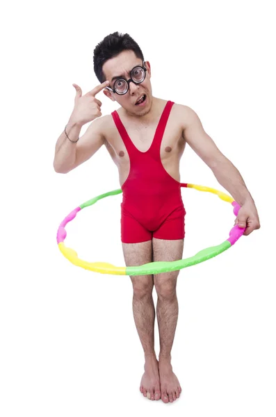 Funny sportsman with hula hoop on white — Stock Photo, Image