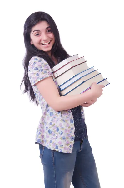 Studente ragazza con libri su bianco — Foto Stock