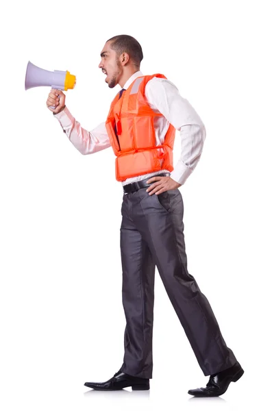 Hombre en chaleco salvavidas aislado en blanco — Foto de Stock