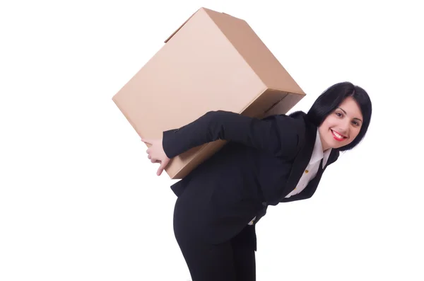 Mujer con caja en blanco — Foto de Stock