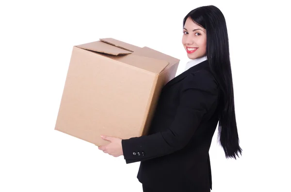 Frau mit vielen Schachteln auf weißem Grund — Stockfoto