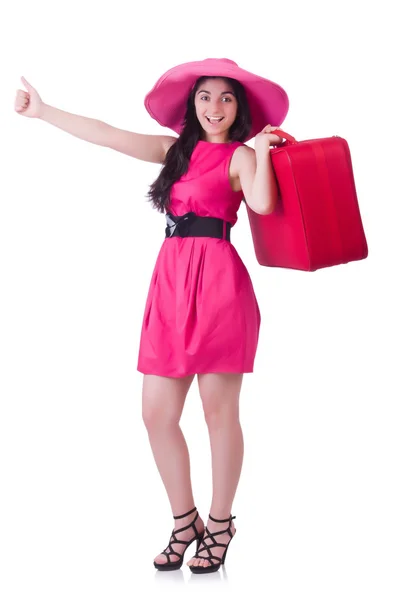 Jeune fille en robe rose voyageant — Photo
