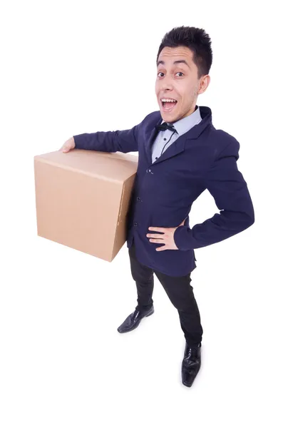 Hombre divertido con caja en blanco —  Fotos de Stock