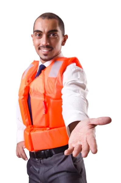 Man in life jacket isolated on white — Stock Photo, Image