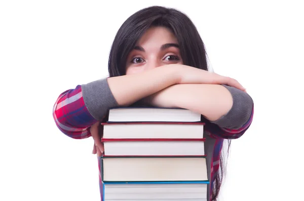 Chica estudiante con libros en blanco — Foto de Stock