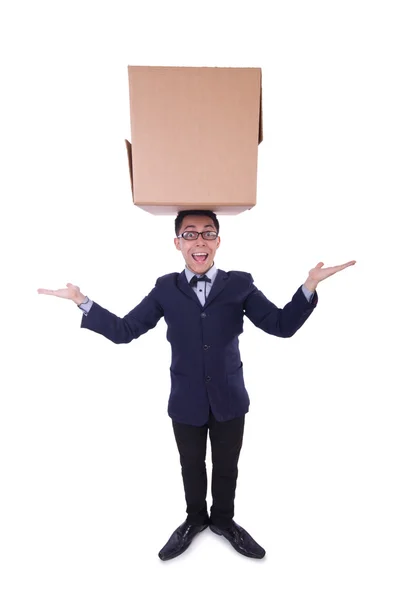 Hombre divertido con caja en blanco —  Fotos de Stock