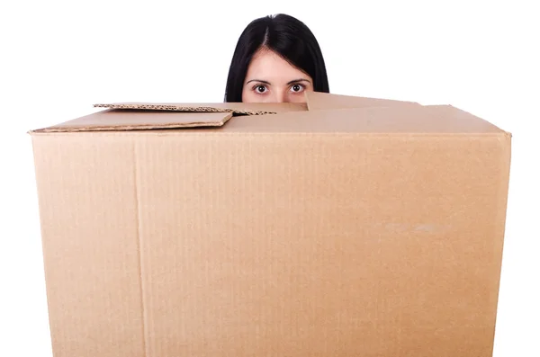 Woman with lots of boxes on white — Stock Photo, Image