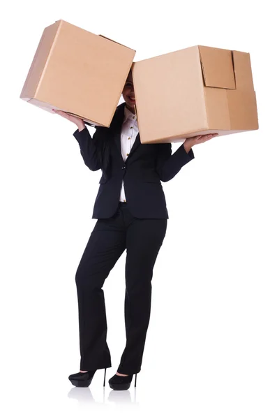 Woman with lots of boxes on white — Stock Photo, Image