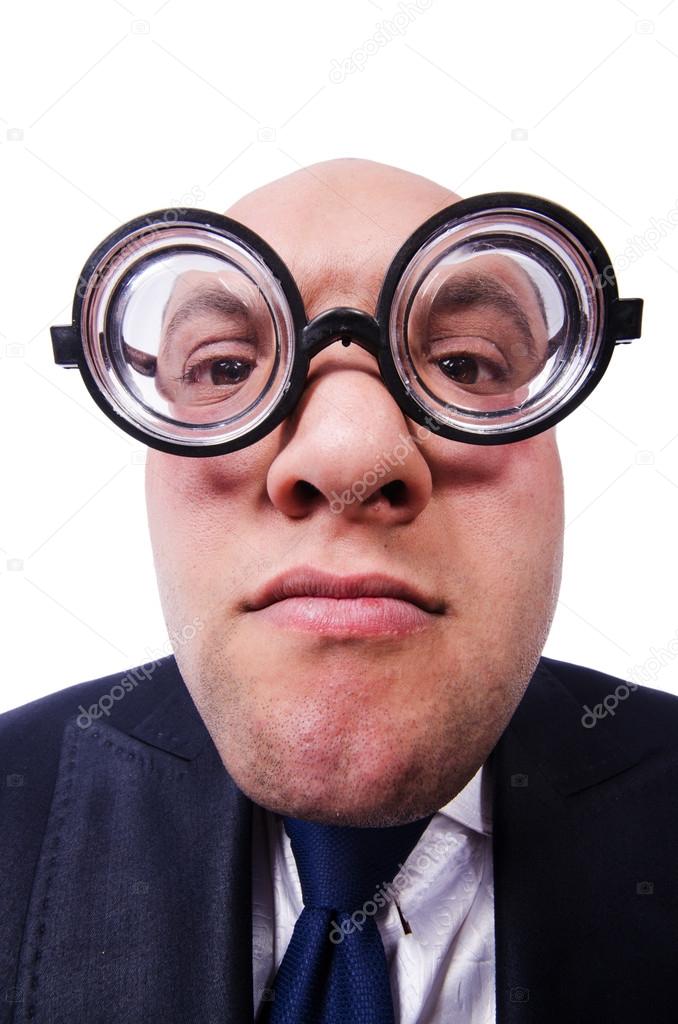 Funny man with glasses on white