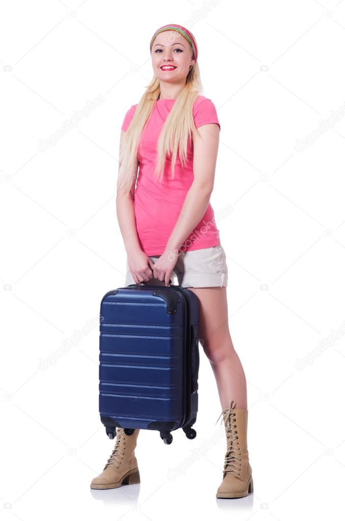 Young woman ready for summer vacation on white