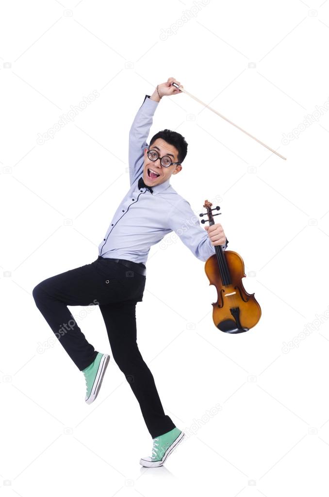 Funny man with violin on white