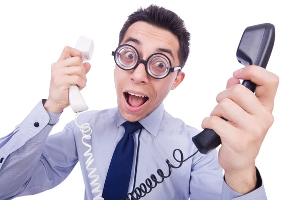 Crazy man met telefoon op wit — Stockfoto