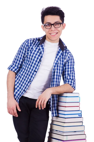 Estudiante con muchos libros sobre blanco —  Fotos de Stock