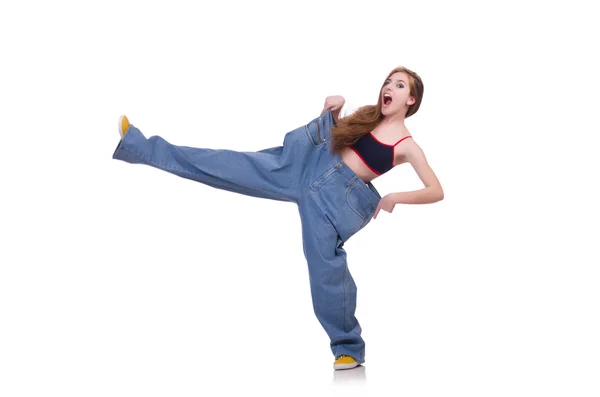 Vrouw in dieet concept met grote jeans — Stockfoto