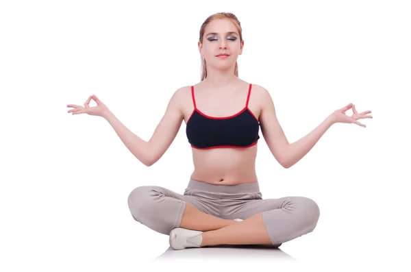 Young female doing exercises on white — Stock Photo, Image