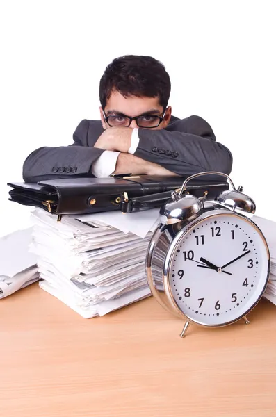 Woman businessman with giant alarm clock — Stock Photo, Image