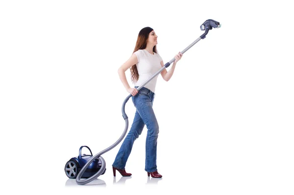 Young woman with vacuum cleaner on white — Stock Photo, Image