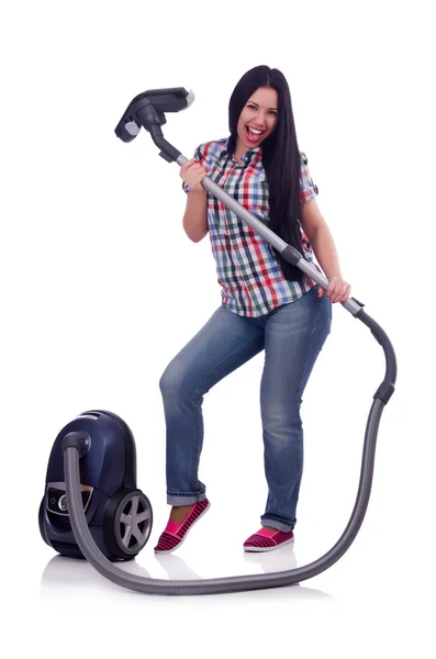 Wanita muda dengan vacuum cleaner berwarna putih — Stok Foto