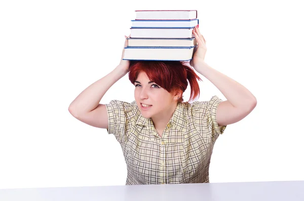 Meisje student met boeken over wit — Stockfoto