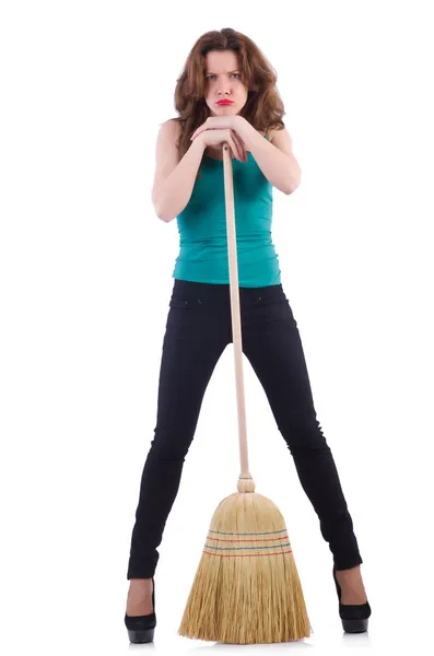 Young woman with broom isolated on white — Stock Photo, Image