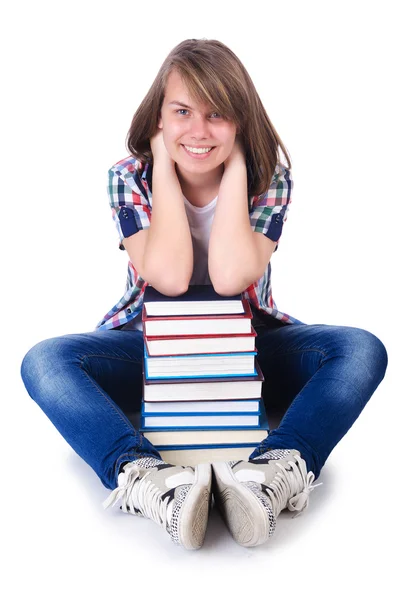 Meisje student met boeken over wit — Stockfoto