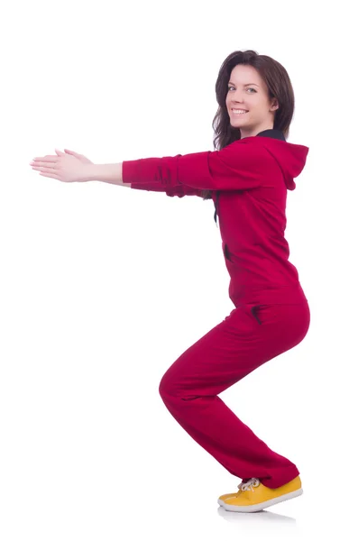 Young woman doing exercises on white — Stock Photo, Image