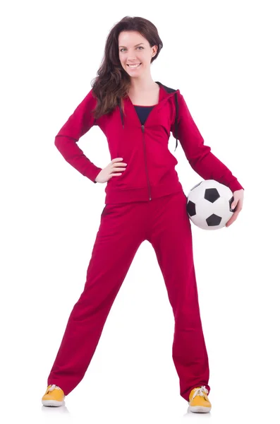 Junge Frau mit Fußball in Weiß — Stockfoto