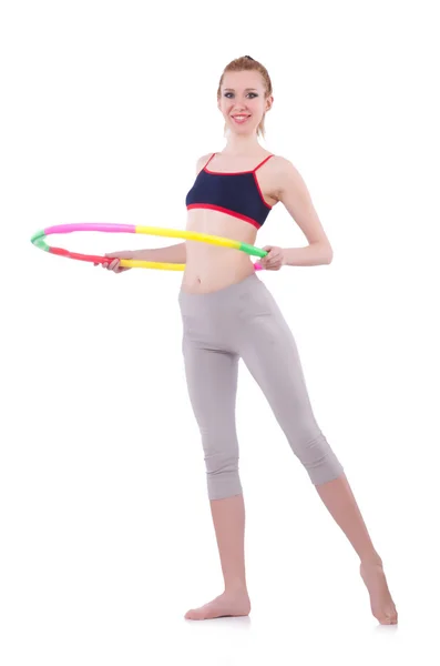 Donna che fa esercizi con hula hoop — Foto Stock