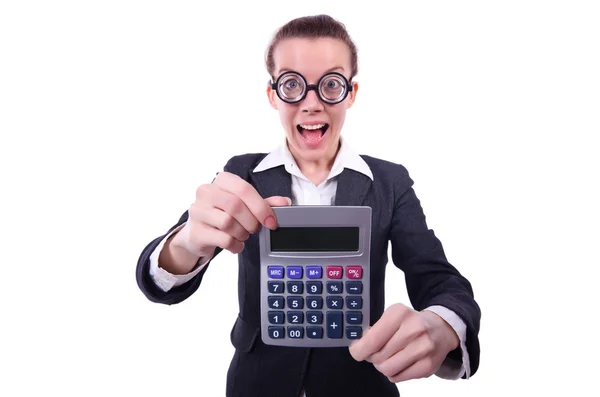 Nerd femme comptable avec calculatrice — Photo