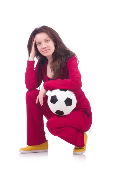 Young woman with football on white — Stock Photo, Image