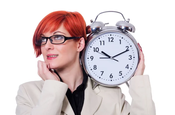 Femme avec horloge isolée sur blanc — Photo