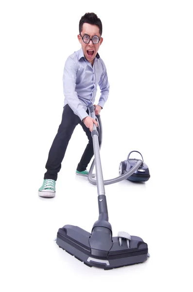 Funny man with vacuum cleaner on white — Stock Photo, Image