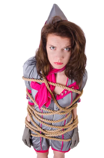 Female stewardess tied with rope — Stock Photo, Image