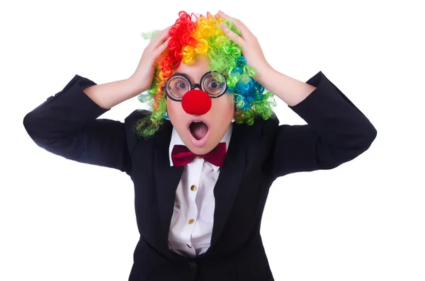 Frau Clown Geschäftsfrau isoliert auf weiß — Stockfoto