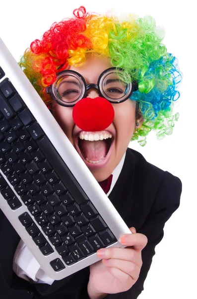Rolig clown med tangentbord på vitt — Stockfoto