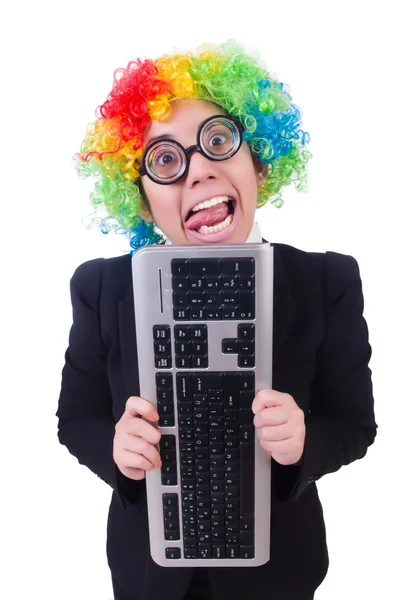 Payaso divertido con teclado en blanco —  Fotos de Stock