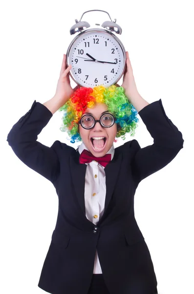 Legrační klaun s hodinami na bílém pozadí — Stock fotografie