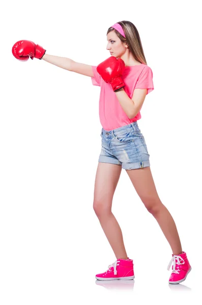 Jonge dame met bokshandschoenen op wit — Stockfoto