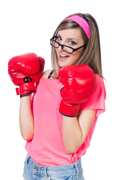 Jovencita con guantes de boxeo en blanco — Foto de Stock