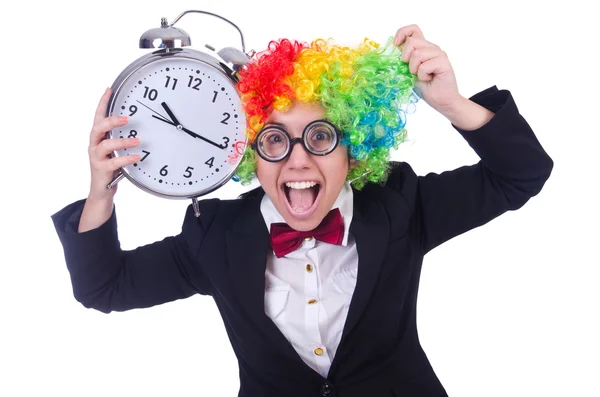 Clown drôle avec horloge sur blanc — Photo