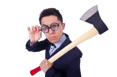 beyaz üzerine balta ile komik adam