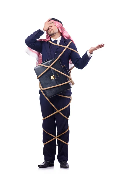 Hombre árabe atado con cuerda en blanco —  Fotos de Stock