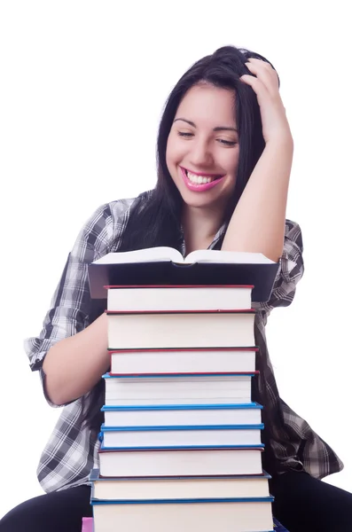 Girl student with books on white — Stock Photo, Image