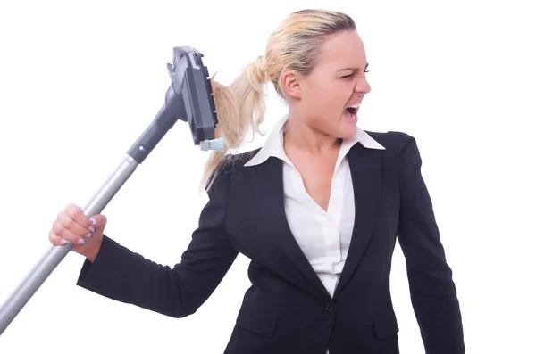 Businesswoman with vacuum cleaner on white — Stock Photo, Image